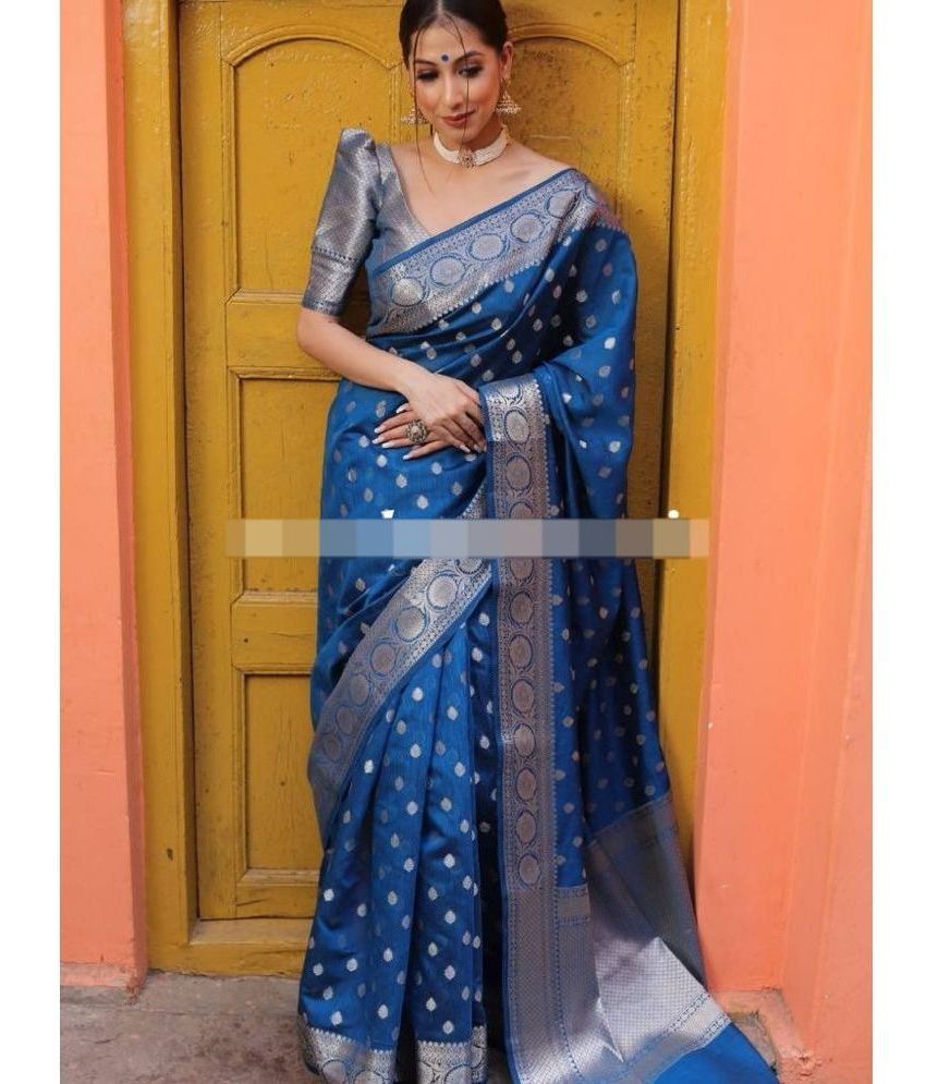     			Apnisha Banarasi Silk Embellished Saree With Blouse Piece - Teal ( Pack of 1 )