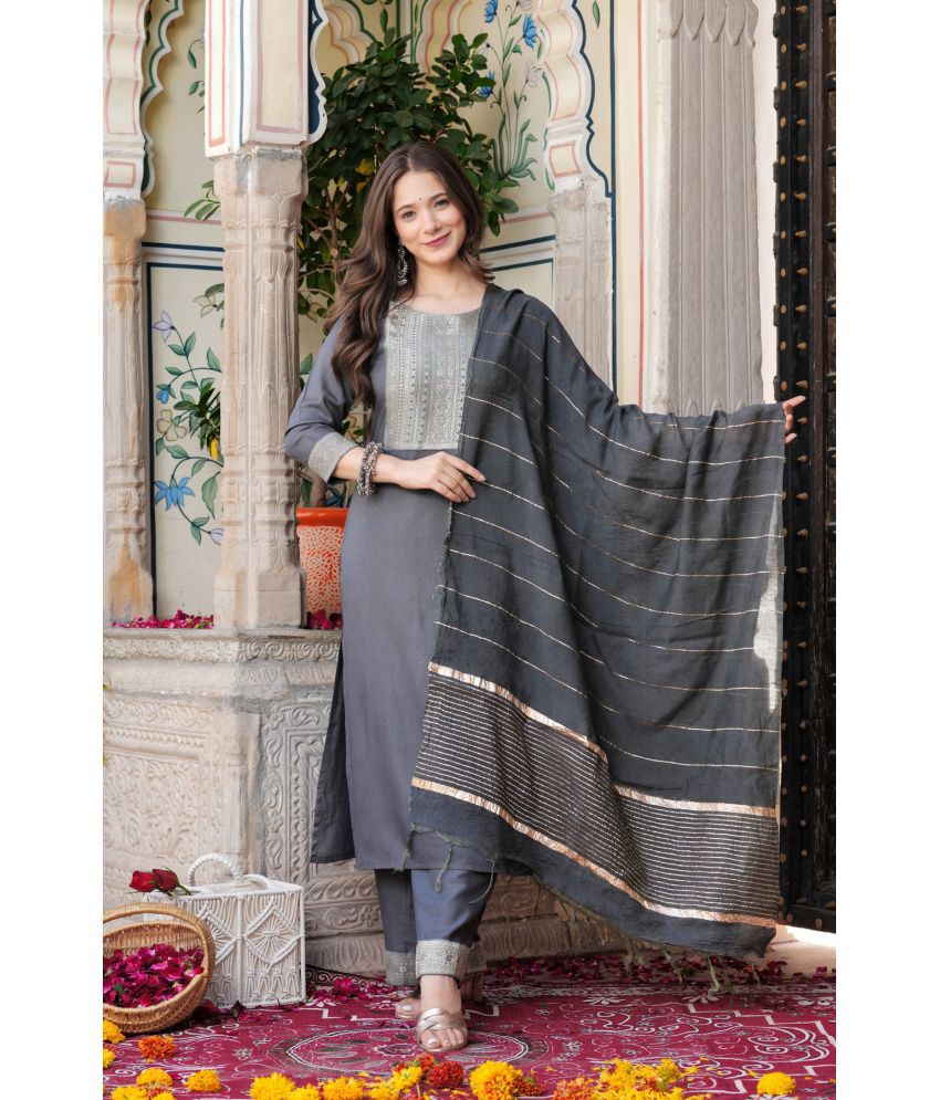     			Estela Viscose Embellished Kurti With Palazzo Women's Stitched Salwar Suit - Grey ( Pack of 1 )