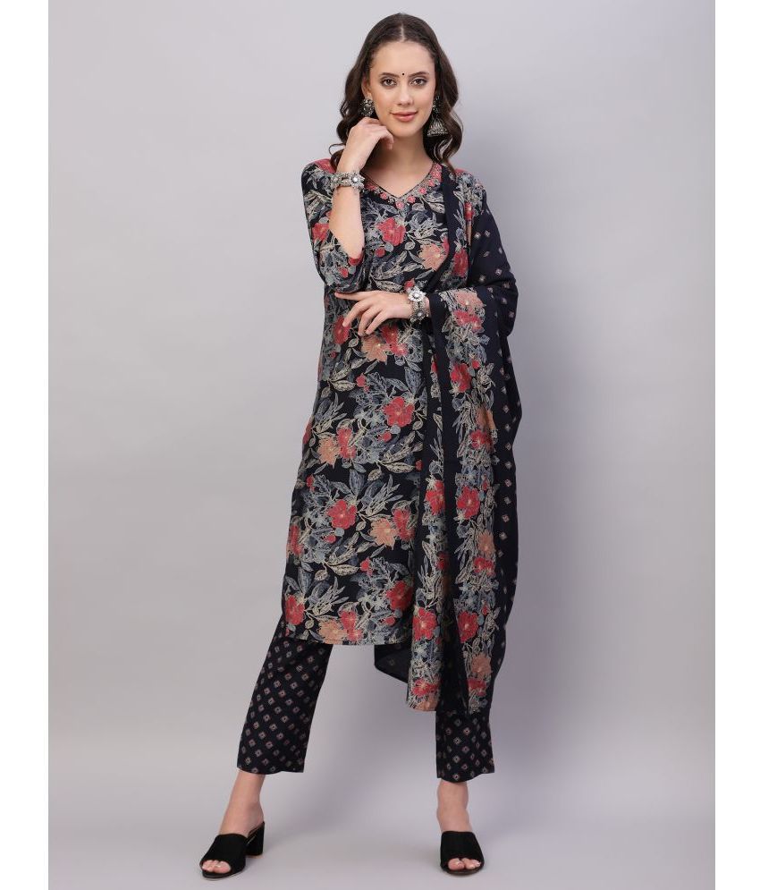     			Flamboyant Chanderi Printed Kurti With Pants Women's Stitched Salwar Suit - Black ( Pack of 1 )