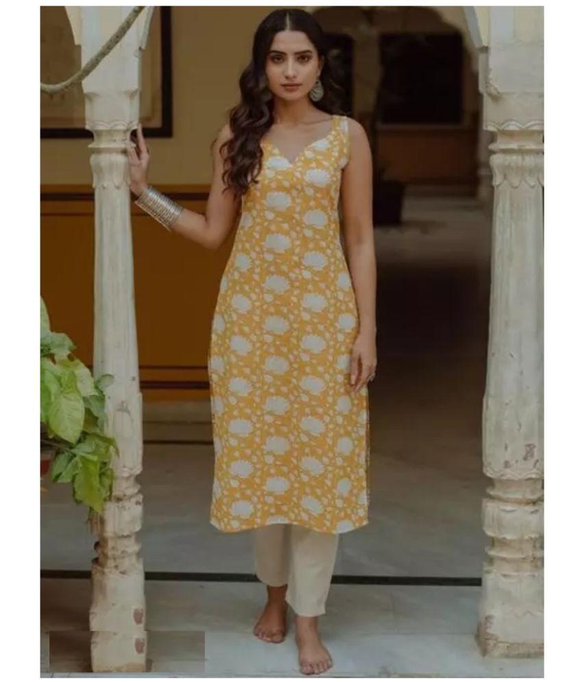     			Gobya Rayon Printed Straight Women's Kurti - Yellow ( Pack of 1 )