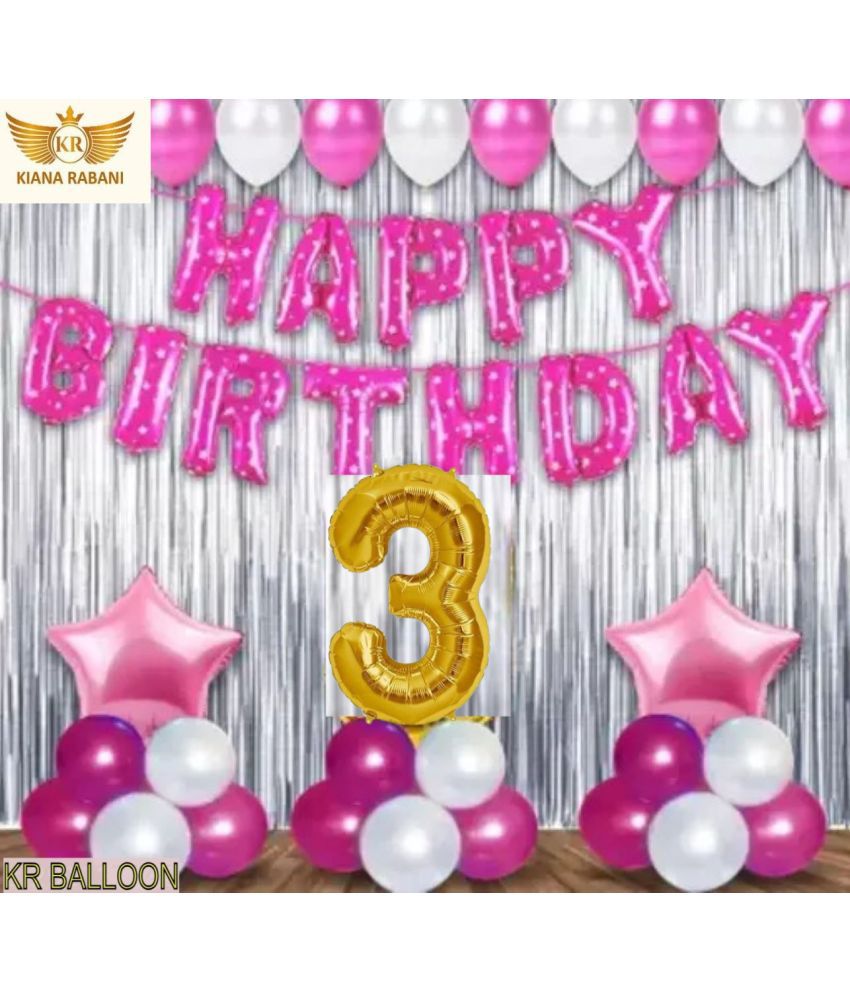     			KR 3RD / THIRD HAPPY BIRTHDAY ( GIRL ) PARTY DECORATION WITH HAPPY BIRTHDAY PINK FOIL BALLOON, 2 SILVER CURTAIN 2 PINK STAR 25 PINK 25 SILVER BALLOON  1 ARCH 1 RIBBON 3 NO. GOLD FOIL BALLOON
