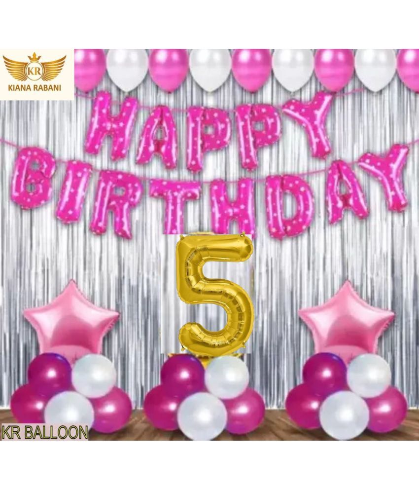     			KR 5TH /FIFTH HAPPY BIRTHDAY ( GIRL ) PARTY DECORATION WITH HAPPY BIRTHDAY PINK FOIL BALLOON, 2 SILVER CURTAIN 2 PINK STAR 25 PINK 25 SILVER BALLOON  1 ARCH 1 RIBBON 5 NO. GOLD FOIL BALLOON