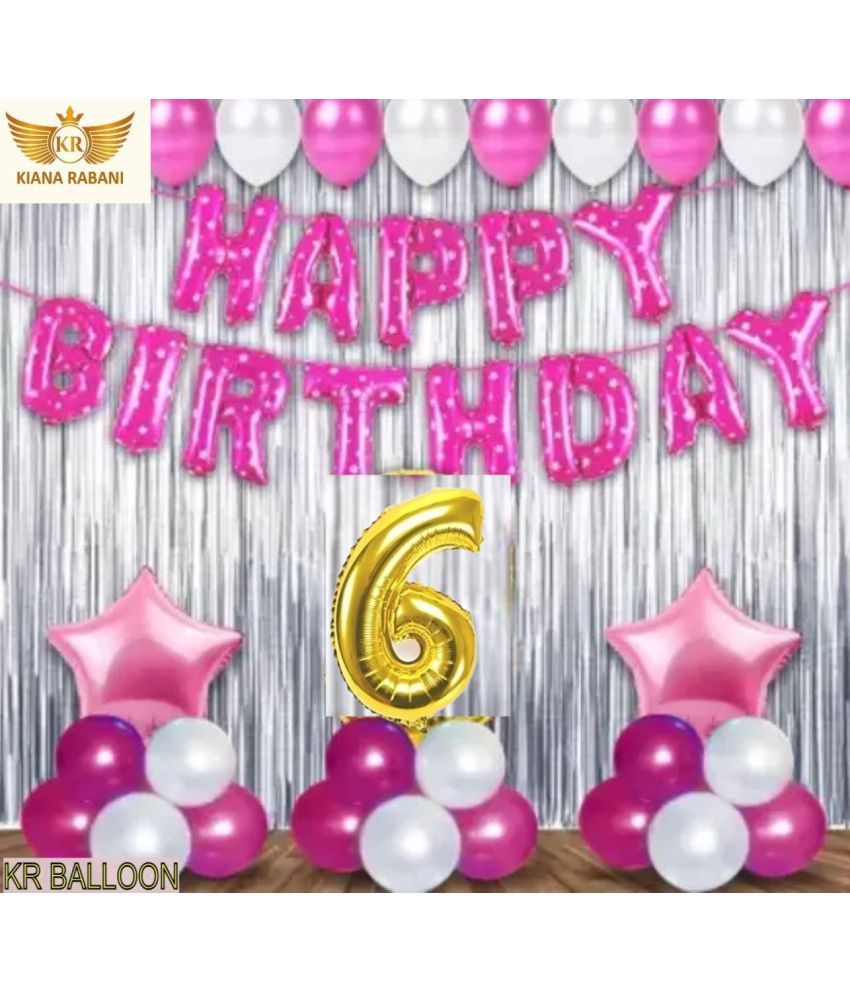     			KR 6TH/SIXTH HAPPY BIRTHDAY ( GIRL ) PARTY DECORATION WITH HAPPY BIRTHDAY PINK FOIL BALLOON, 2 SILVER CURTAIN 2 PINK STAR 25 PINK 25 SILVER BALLOON  1 ARCH 1 RIBBON 6 NO. GOLD FOIL BALLOON