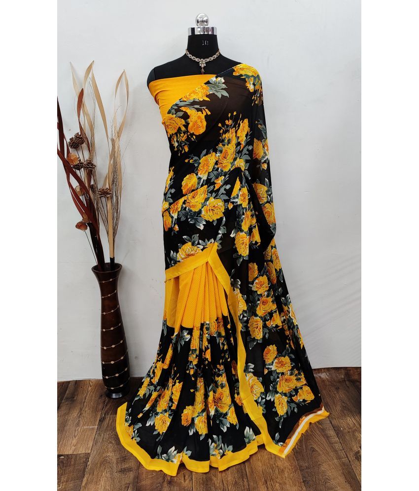     			Kashvi Sarees Georgette Printed Saree With Blouse Piece - Yellow ( Pack of 1 )