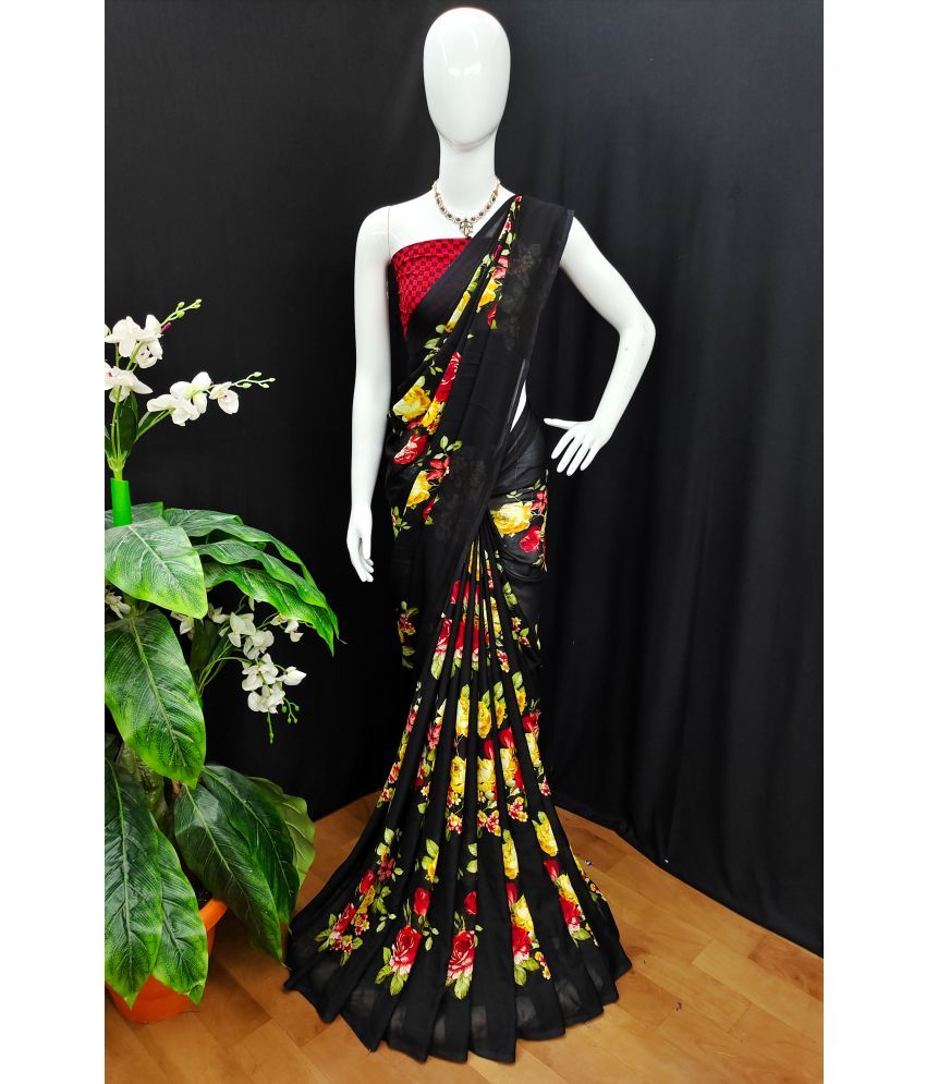     			Kashvi Sarees Georgette Printed Saree With Blouse Piece - Black ( Pack of 1 )