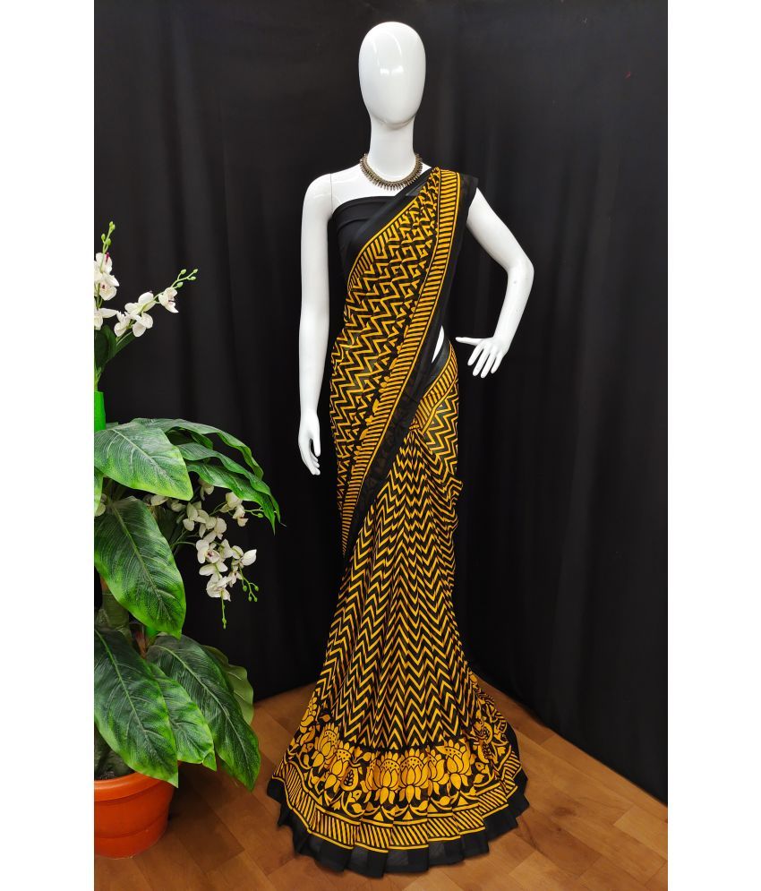     			Kashvi Sarees Georgette Printed Saree With Blouse Piece - Yellow ( Pack of 1 )