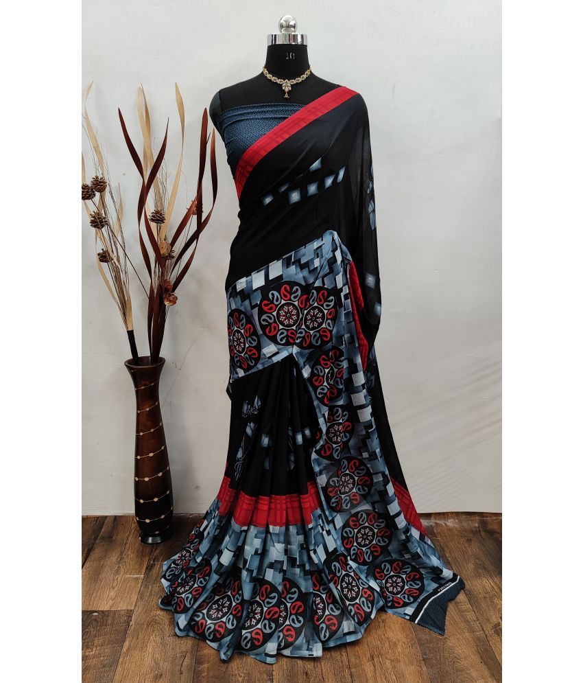     			Kashvi Sarees Georgette Printed Saree With Blouse Piece - Black ( Pack of 1 )