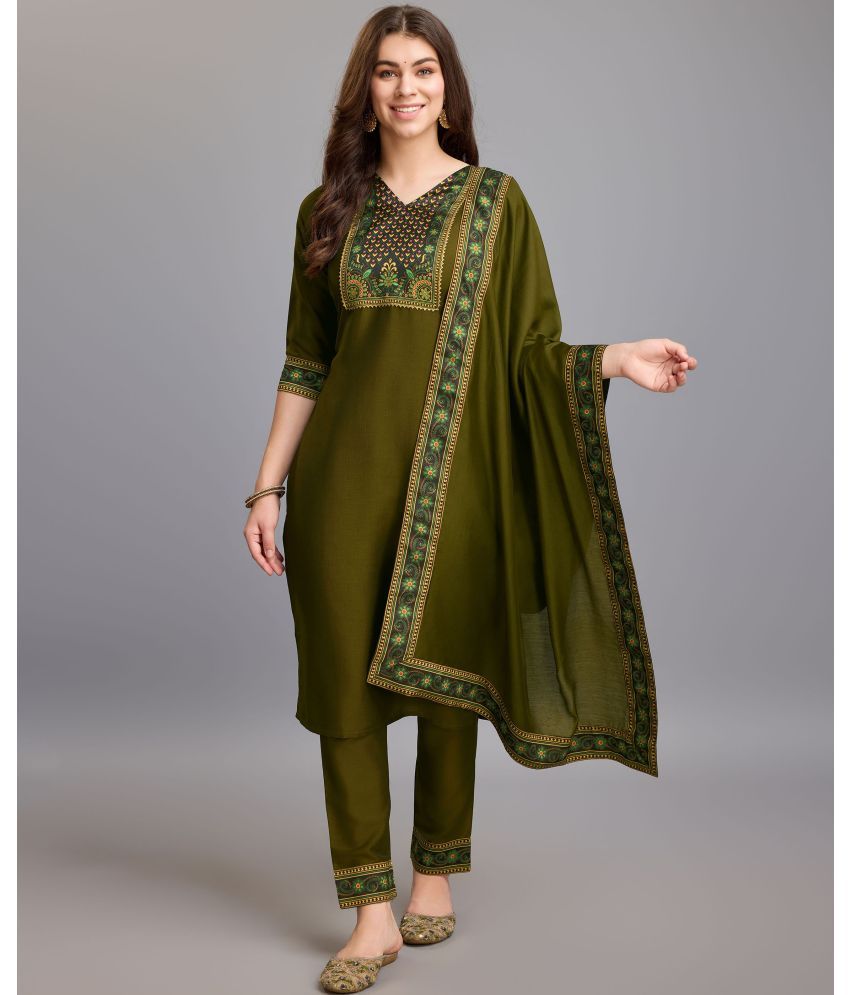     			MOJILAA Silk Printed Kurti With Pants Women's Stitched Salwar Suit - Olive ( Pack of 1 )