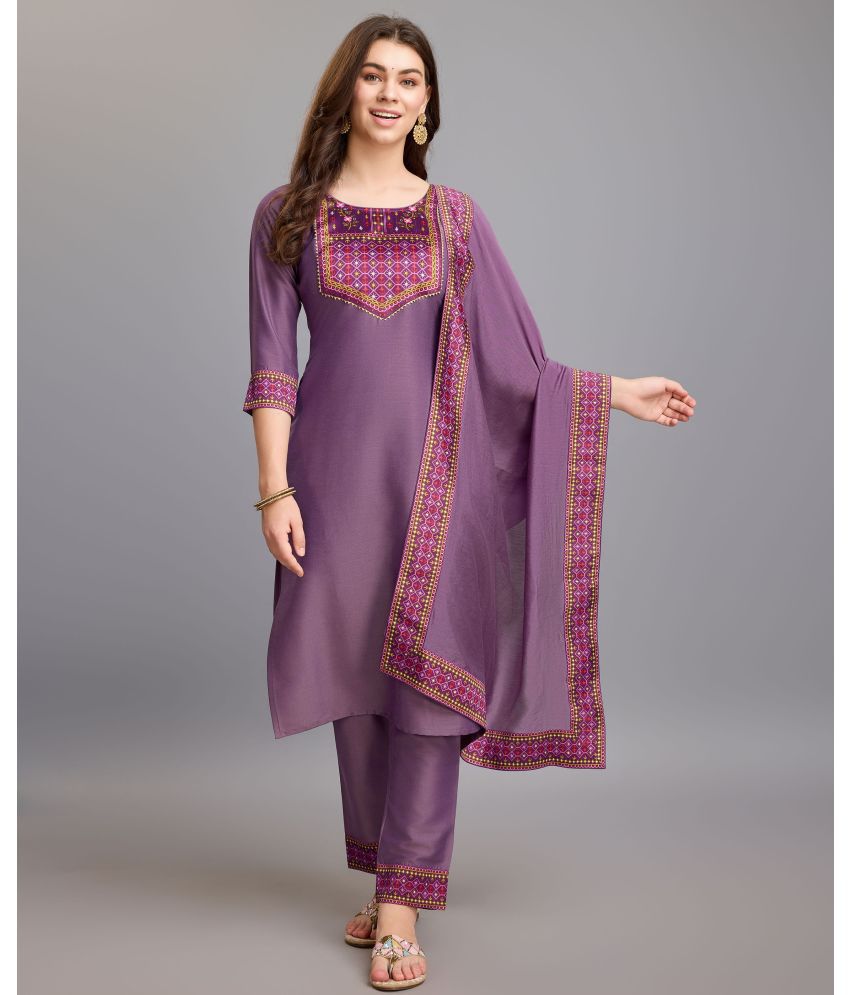     			MOJILAA Silk Printed Kurti With Pants Women's Stitched Salwar Suit - Mauve ( Pack of 1 )