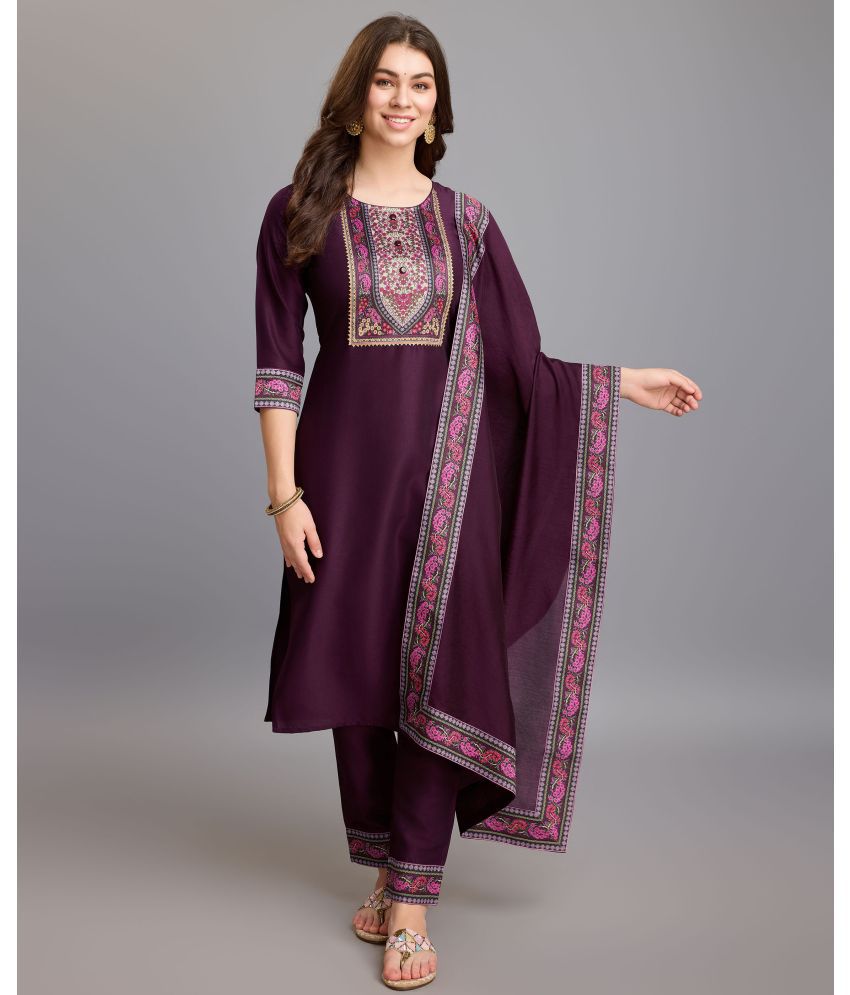     			MOJILAA Silk Printed Kurti With Pants Women's Stitched Salwar Suit - Burgundy ( Pack of 1 )