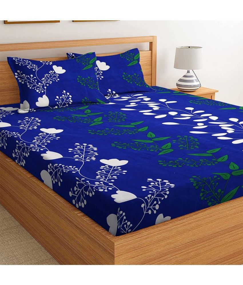     			Modefe Poly Cotton Floral 1 Double Bedsheet with 2 Pillow Covers - Blue