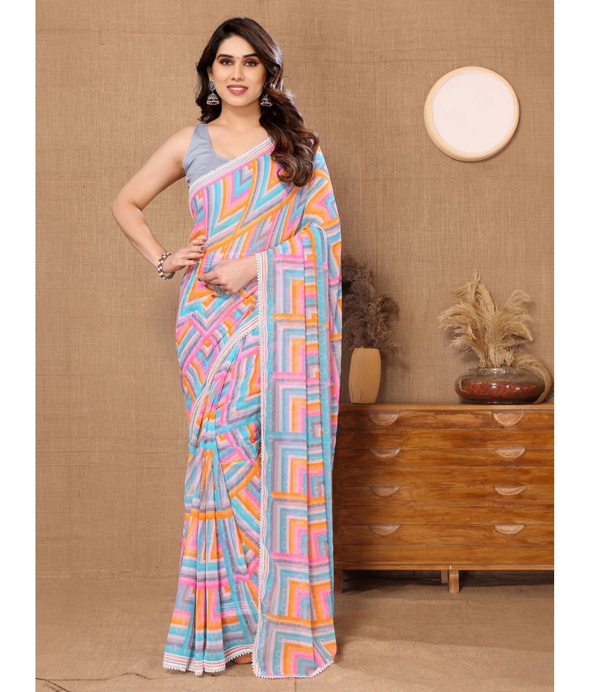     			Rangita Ready To Wear Stitched Georgette Printed Saree With Blouse Piece - Multicolor