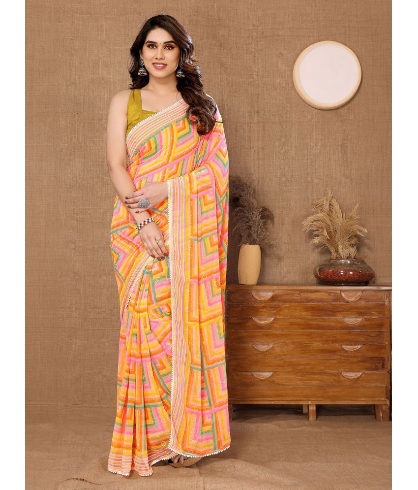     			Rangita Ready To Wear Stitched Georgette Printed Saree With Blouse Piece - Yellow