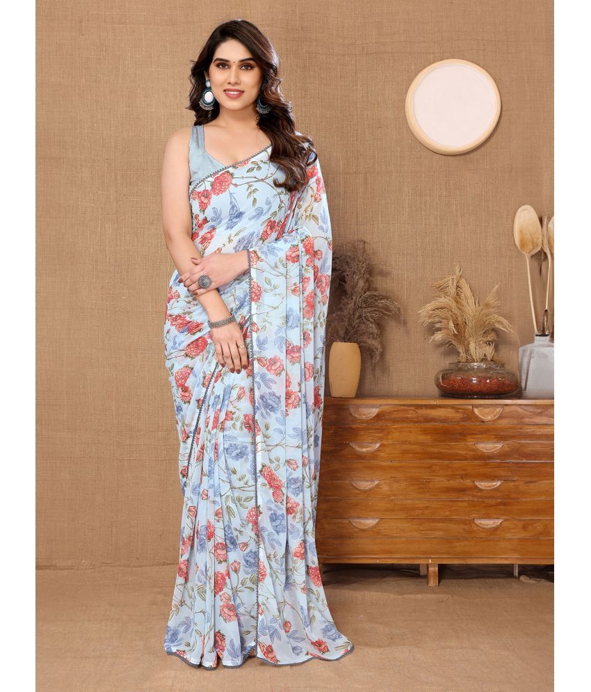     			Rangita Ready To Wear Stitched Georgette Printed Saree With Blouse Piece - Light Blue