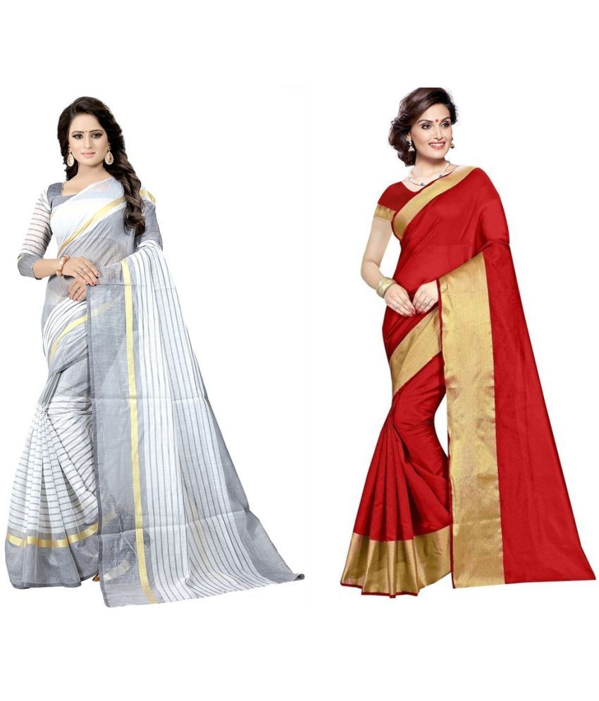     			Saadhvi Cotton Silk Printed Saree With Blouse Piece - Silver ( Pack of 2 )