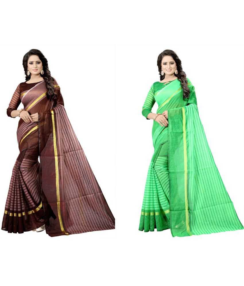     			Saadhvi Cotton Silk Printed Saree With Blouse Piece - Green ( Pack of 2 )
