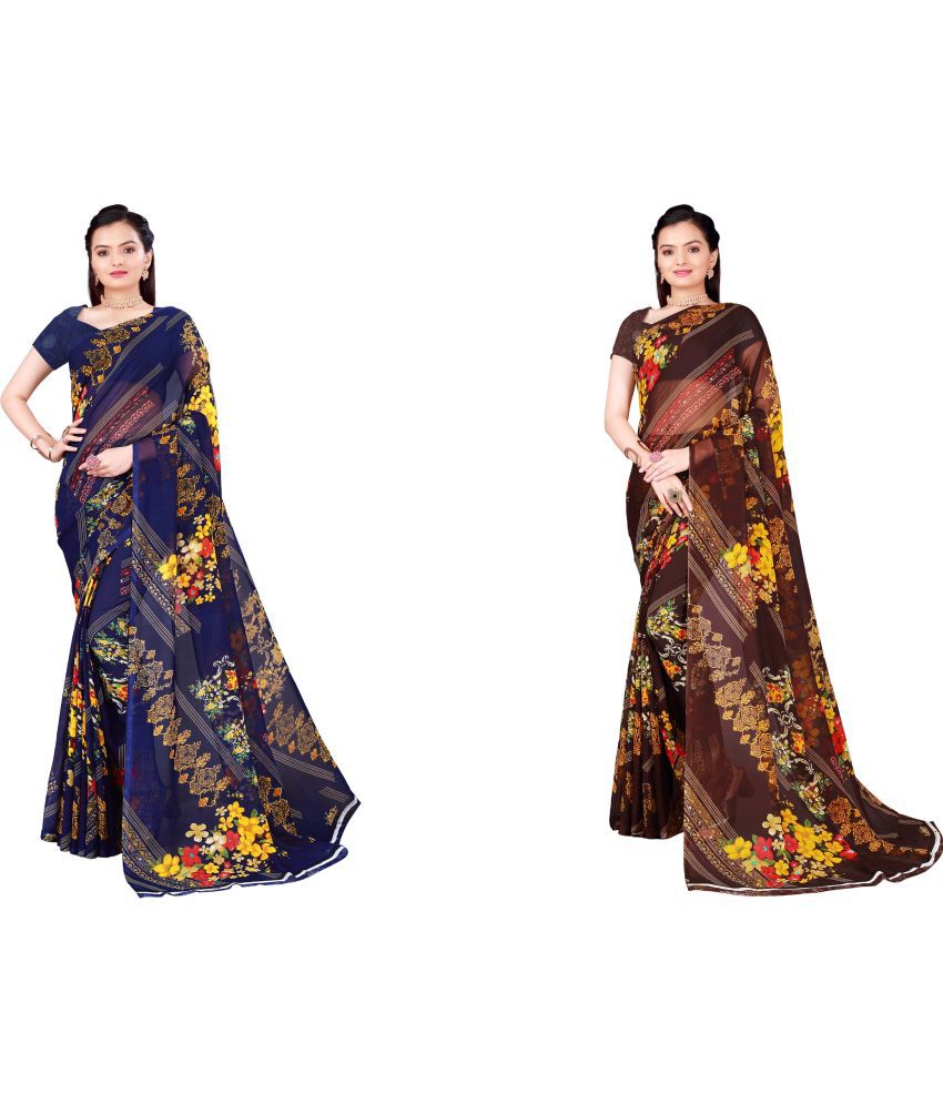     			Saadhvi Georgette Printed Saree With Blouse Piece - Multicolour ( Pack of 2 )