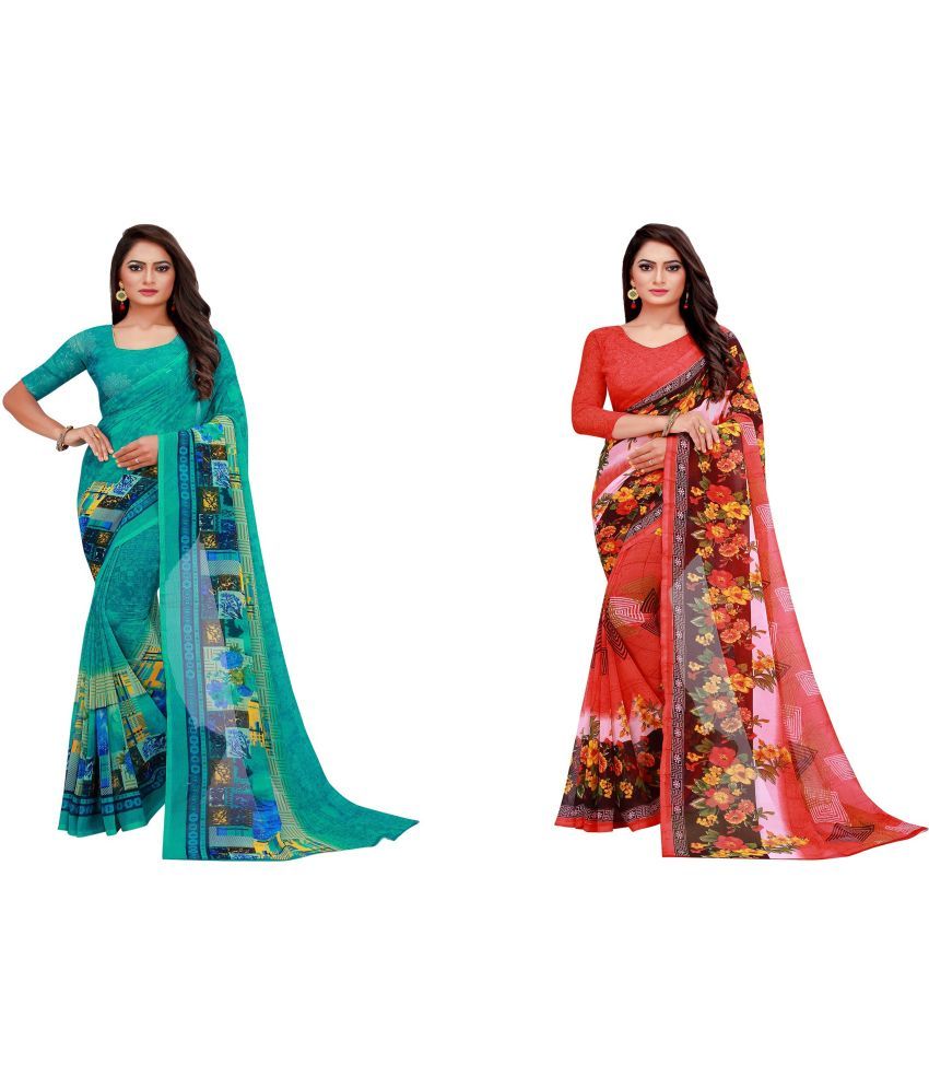     			Saadhvi Georgette Printed Saree With Blouse Piece - Multicolour ( Pack of 2 )