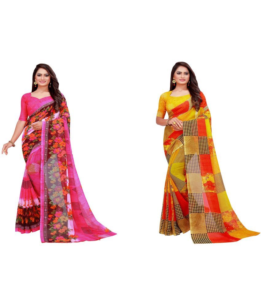     			Saadhvi Georgette Printed Saree With Blouse Piece - Cream ( Pack of 2 )