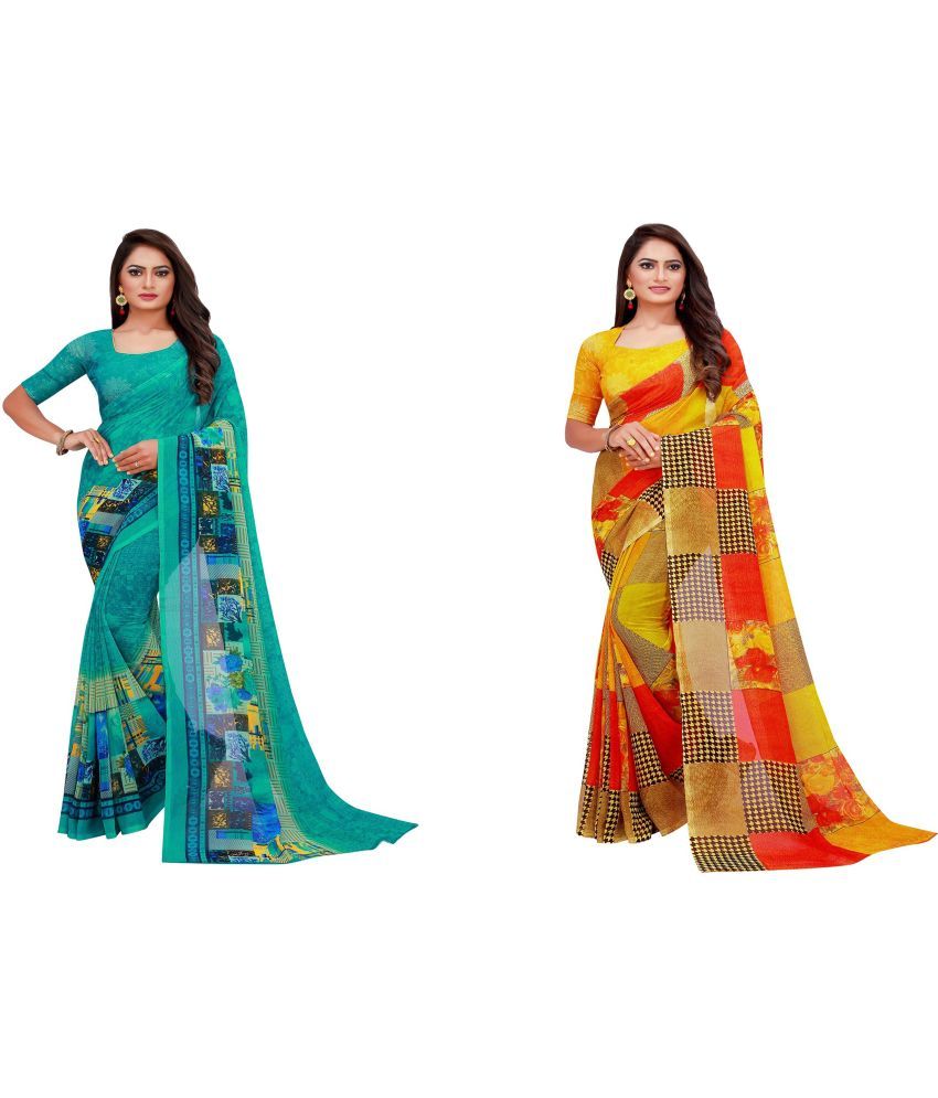     			Saadhvi Georgette Printed Saree With Blouse Piece - Gold ( Pack of 2 )