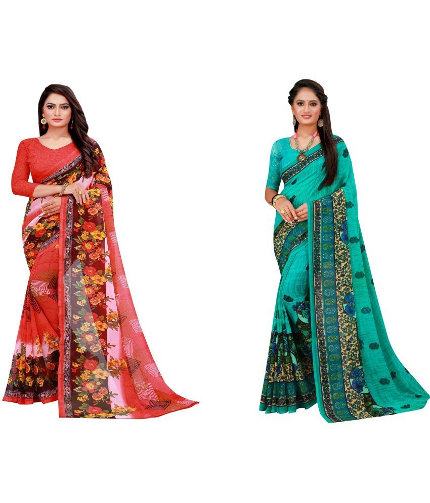     			Saadhvi Georgette Printed Saree With Stitched Blouse - Multicolour ( Pack of 2 )