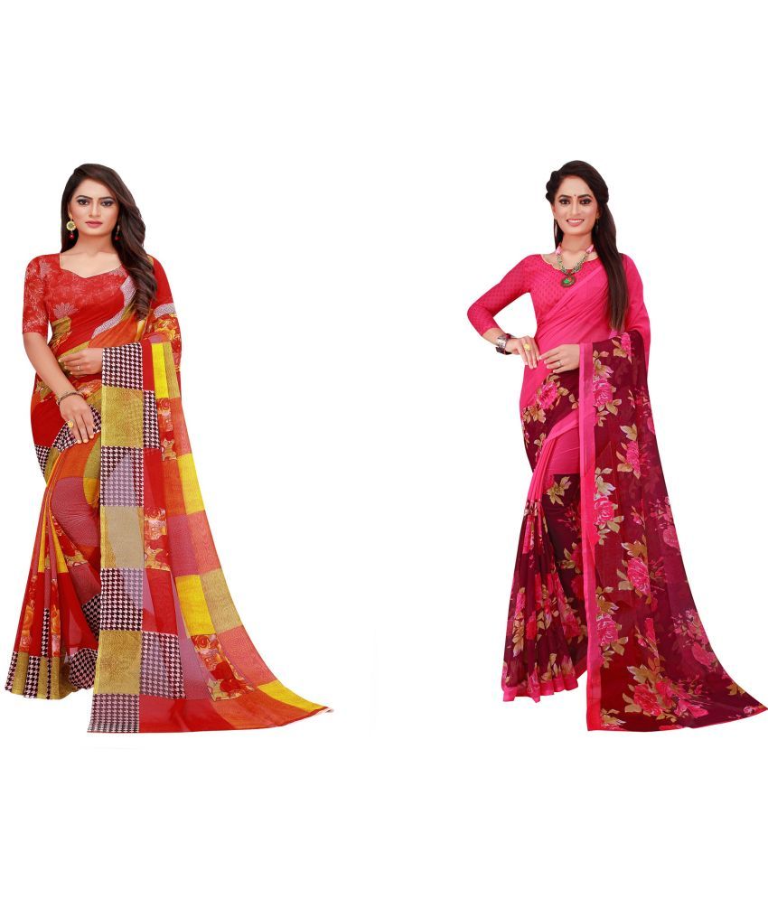     			Saadhvi Georgette Printed Saree With Blouse Piece - Multicolour ( Pack of 2 )