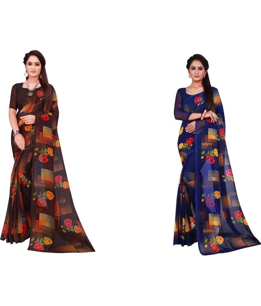     			Saadhvi Georgette Printed Saree With Blouse Piece - Grey ( Pack of 2 )