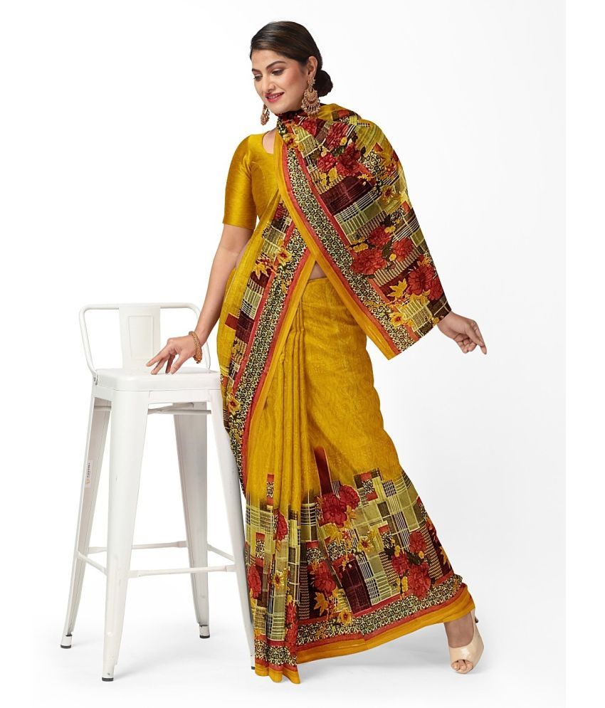     			Saadhvi Georgette Printed Saree With Blouse Piece - Yellow ( Pack of 1 )