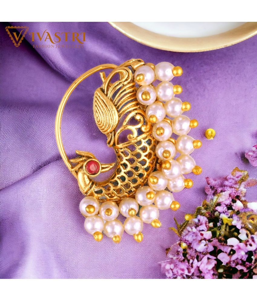     			Vivastri's Premium & Elegant Peackock Style Cubic Zirconia Bead Studded Nose Rings For Women & Girls -VIVA1276NTH-PRESS-RED