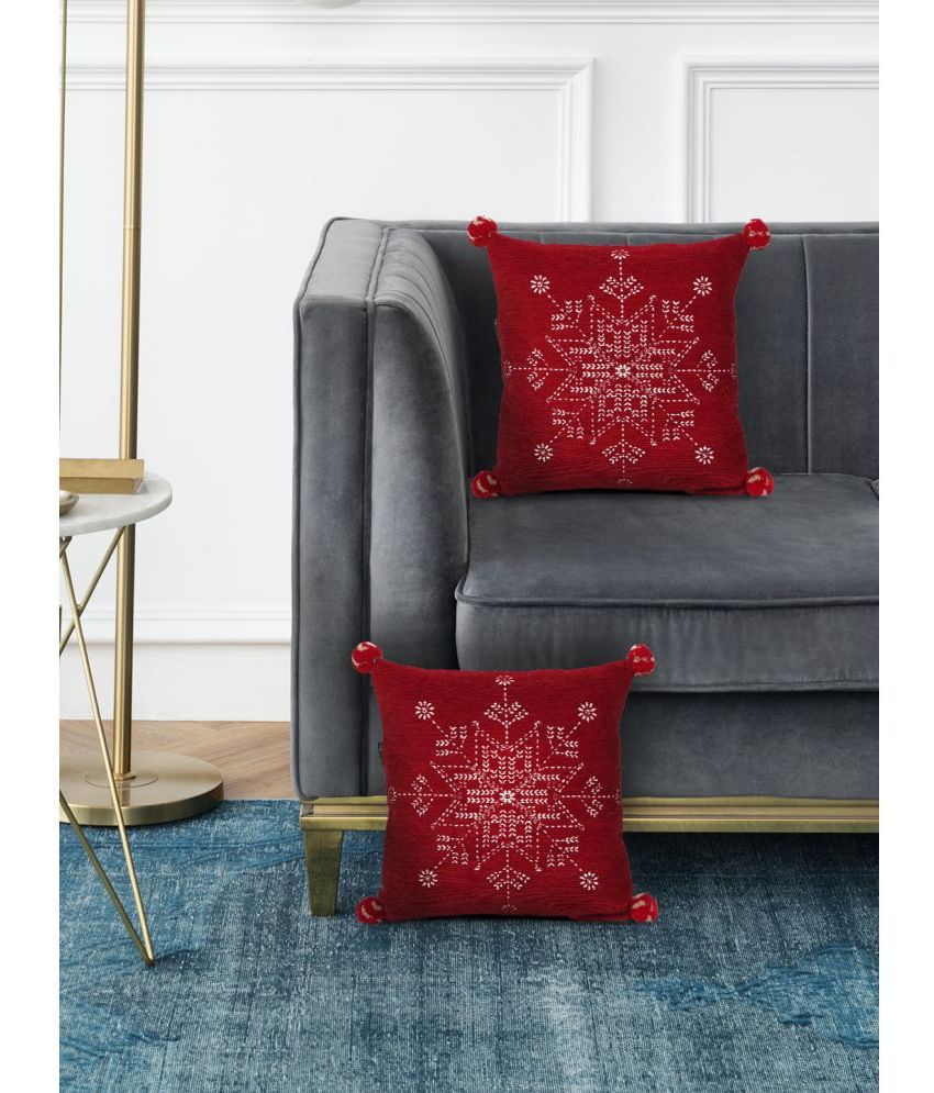     			mezposh Set of 2 Velvet Thread Work Square Cushion Cover (40X40)cm - Red