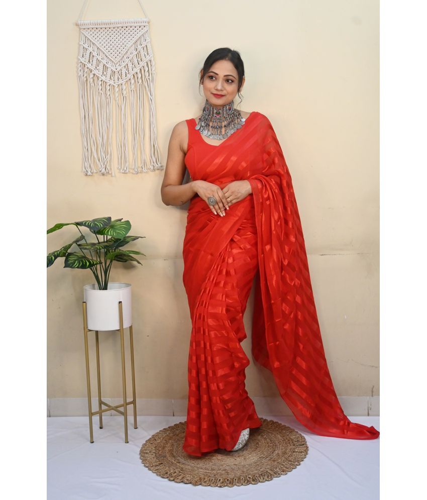     			ANAND SAREES Satin Striped Saree With Blouse Piece - Red ( Pack of 1 )