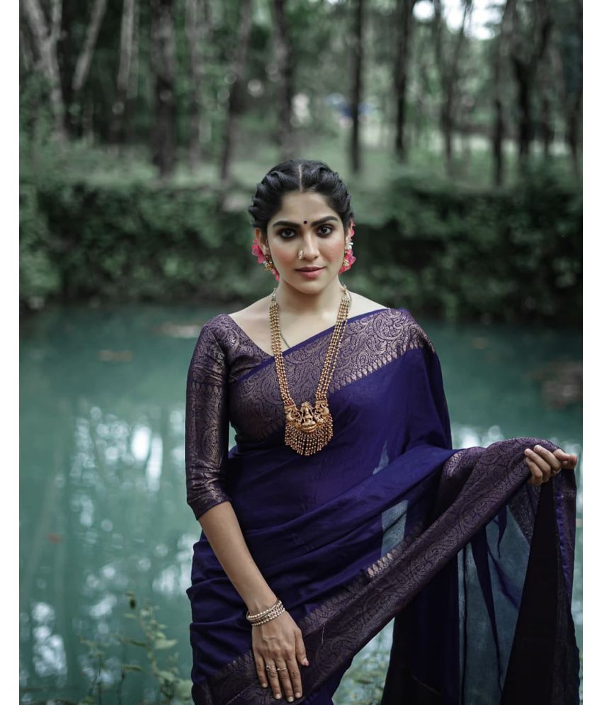     			Anjanaya  sarees Banarasi Silk Woven Saree With Blouse Piece - Navy Blue ( Pack of 1 )