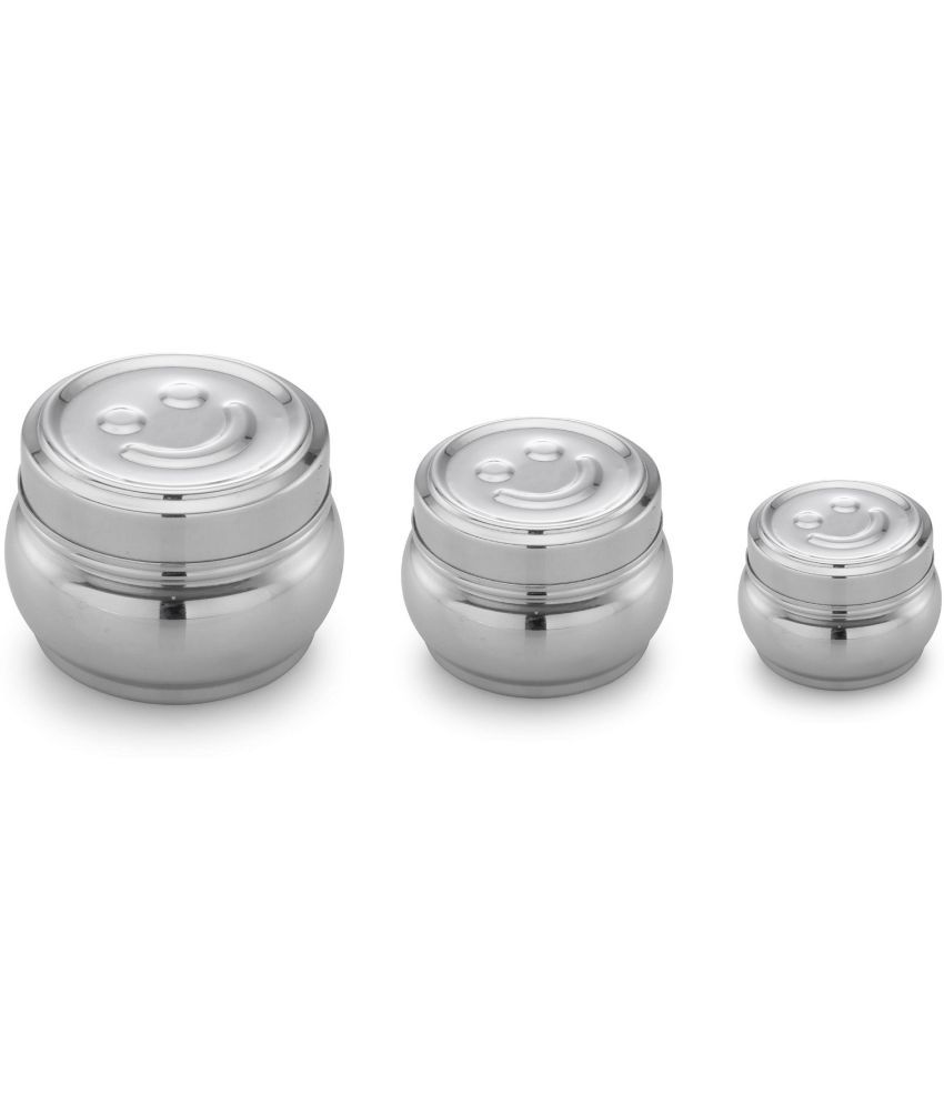     			Dynore 3 Pcs Smiley Dabba Steel Silver Utility Container ( Set of 3 )