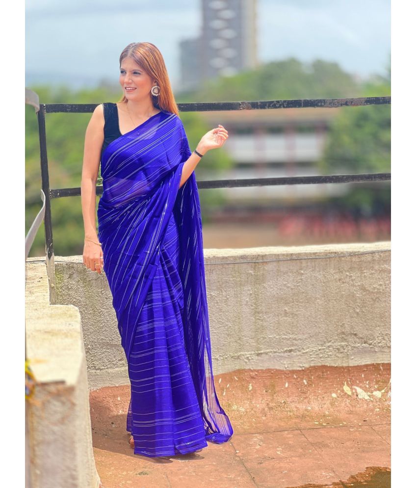     			Kashvi Sarees Satin Striped Saree With Blouse Piece - Blue ( Pack of 1 )