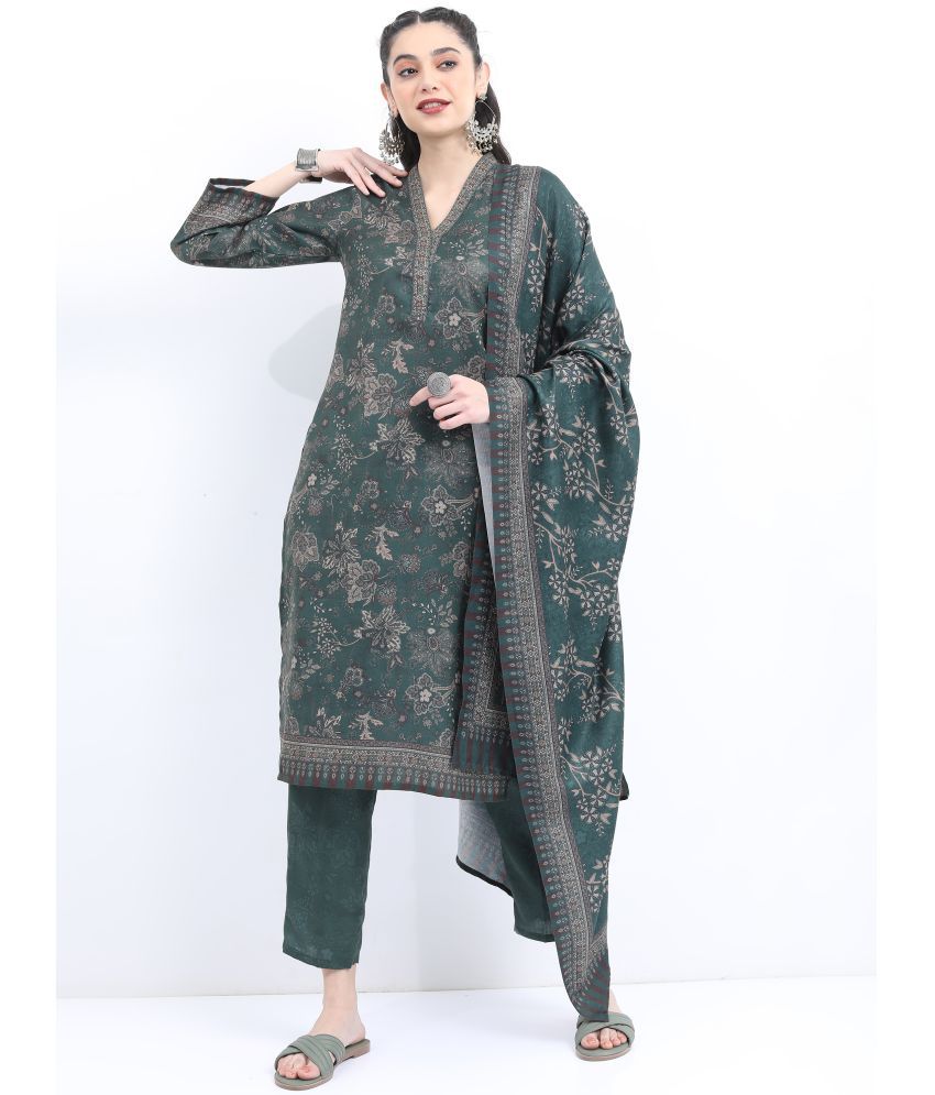     			Ketch Polyester Printed Kurti With Palazzo Women's Stitched Salwar Suit - Green ( Pack of 1 )