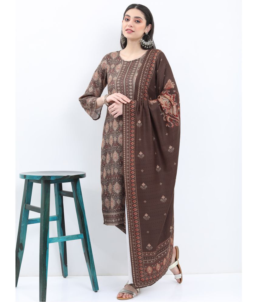     			Ketch Polyester Self Design Kurti With Palazzo Women's Stitched Salwar Suit - Brown ( Pack of 1 )