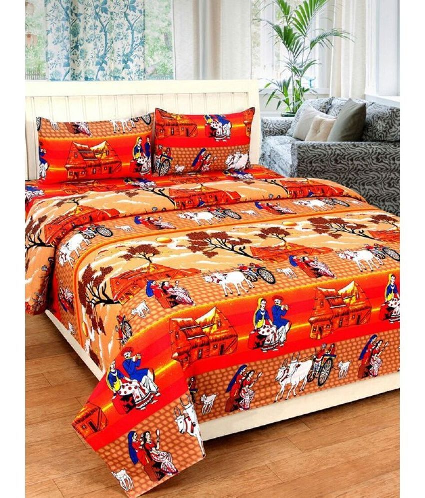     			Modefe Poly Cotton People 1 Double Bedsheet with 2 Pillow Covers - Orange
