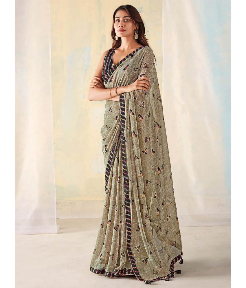     			Rangita Georgette Printed Saree With Blouse Piece - Khaki ( Pack of 1 )