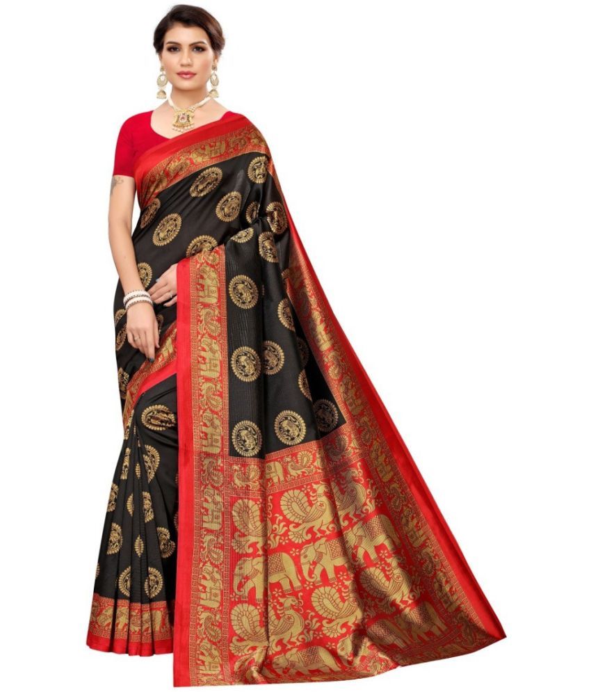     			Saadhvi Art Silk Printed Saree With Blouse Piece - Black ( Pack of 1 )