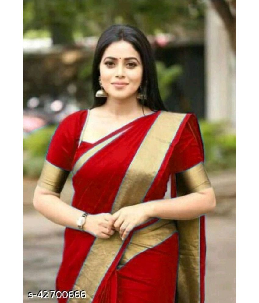     			Saadhvi Cotton Blend Solid Saree With Blouse Piece - Red ( Pack of 1 )