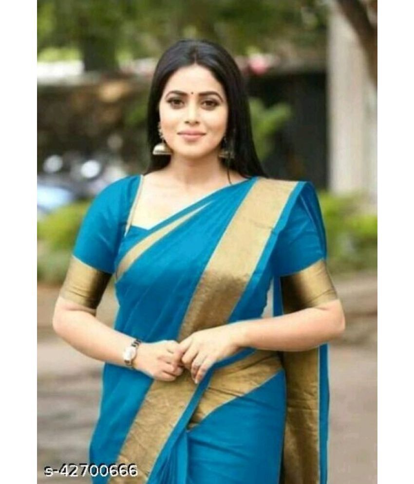     			Saadhvi Cotton Silk Solid Saree With Blouse Piece - Teal ( Pack of 1 )