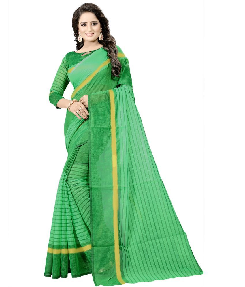     			Saadhvi Cotton Silk Striped Saree With Blouse Piece - Green ( Pack of 1 )