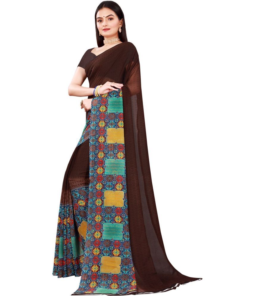     			Saadhvi Georgette Printed Saree With Blouse Piece - Brown ( Pack of 1 )