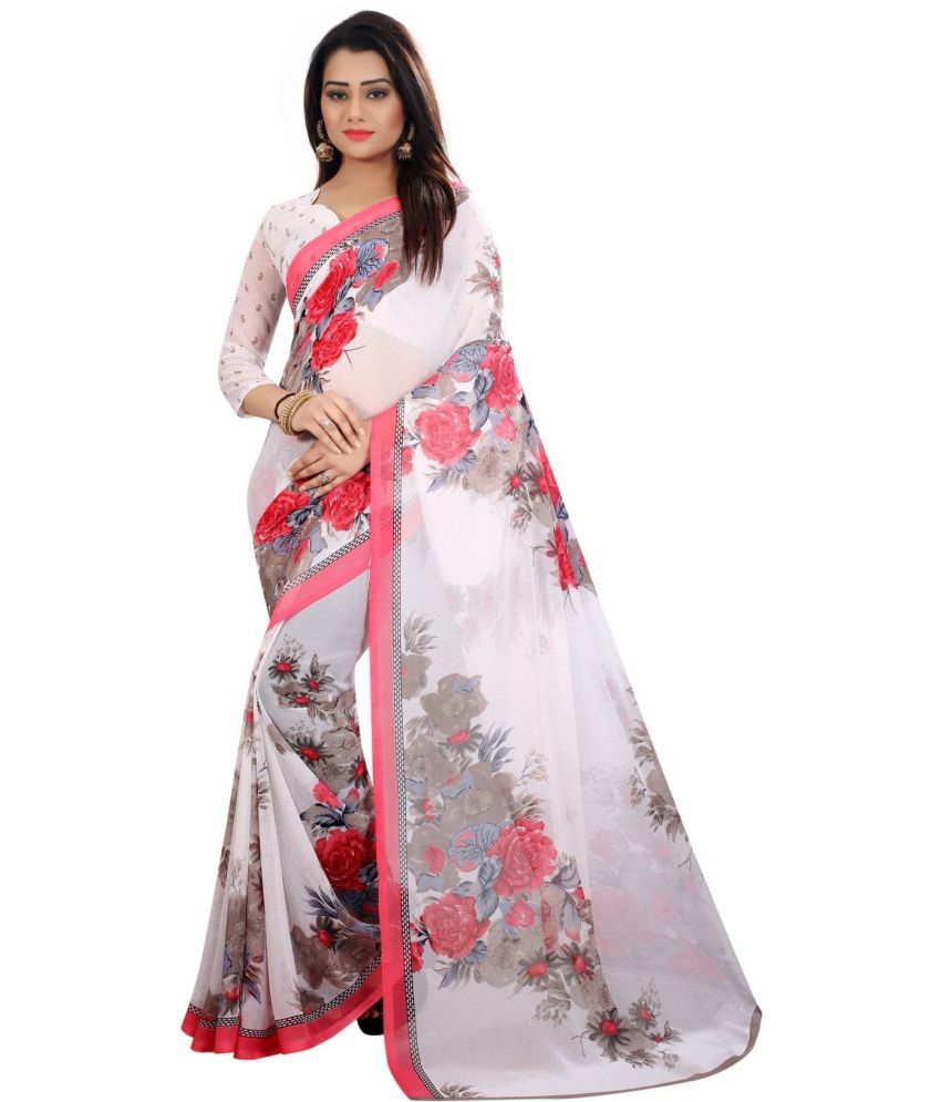     			Saadhvi Georgette Printed Saree With Blouse Piece - White ( Pack of 1 )