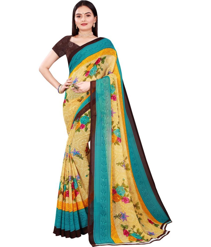     			Saadhvi Georgette Printed Saree With Blouse Piece - Yellow ( Pack of 1 )