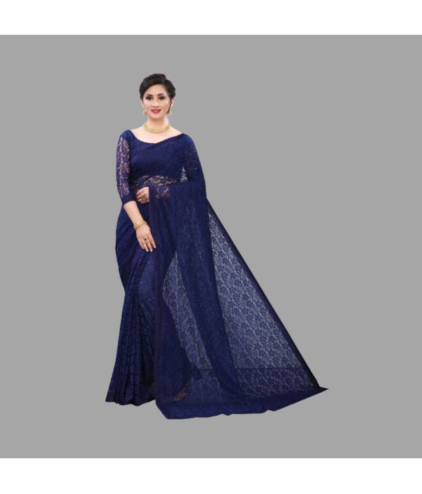     			Saadhvi Net Solid Saree With Blouse Piece - Navy Blue ( Pack of 1 )