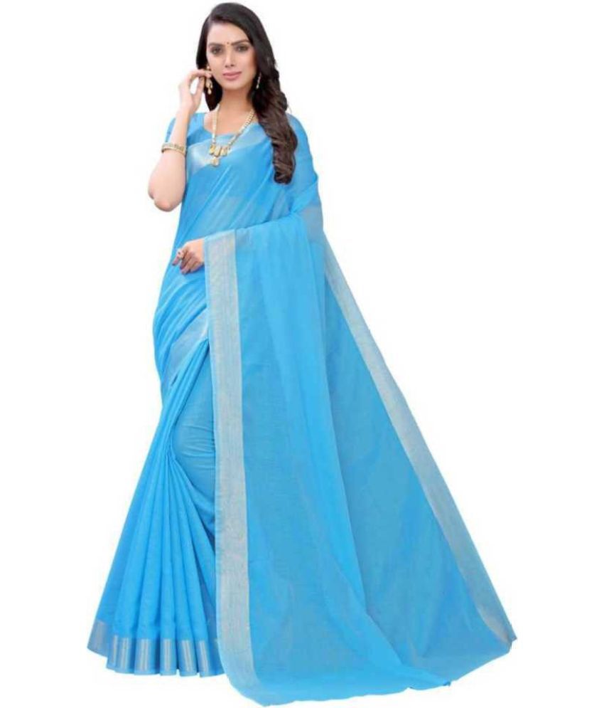     			Sadhvi Chanderi Striped Saree With Blouse Piece - Blue ( Pack of 1 )