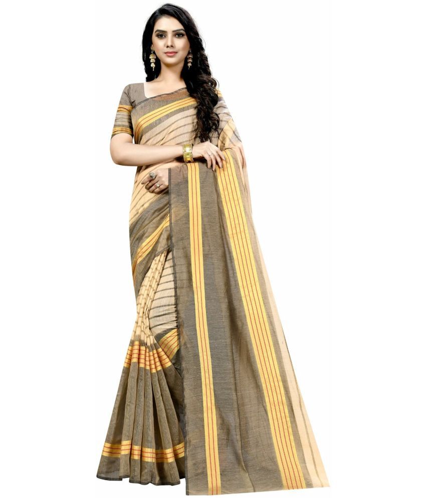     			Sadhvi Cotton Silk Striped Saree With Blouse Piece - Beige ( Pack of 1 )