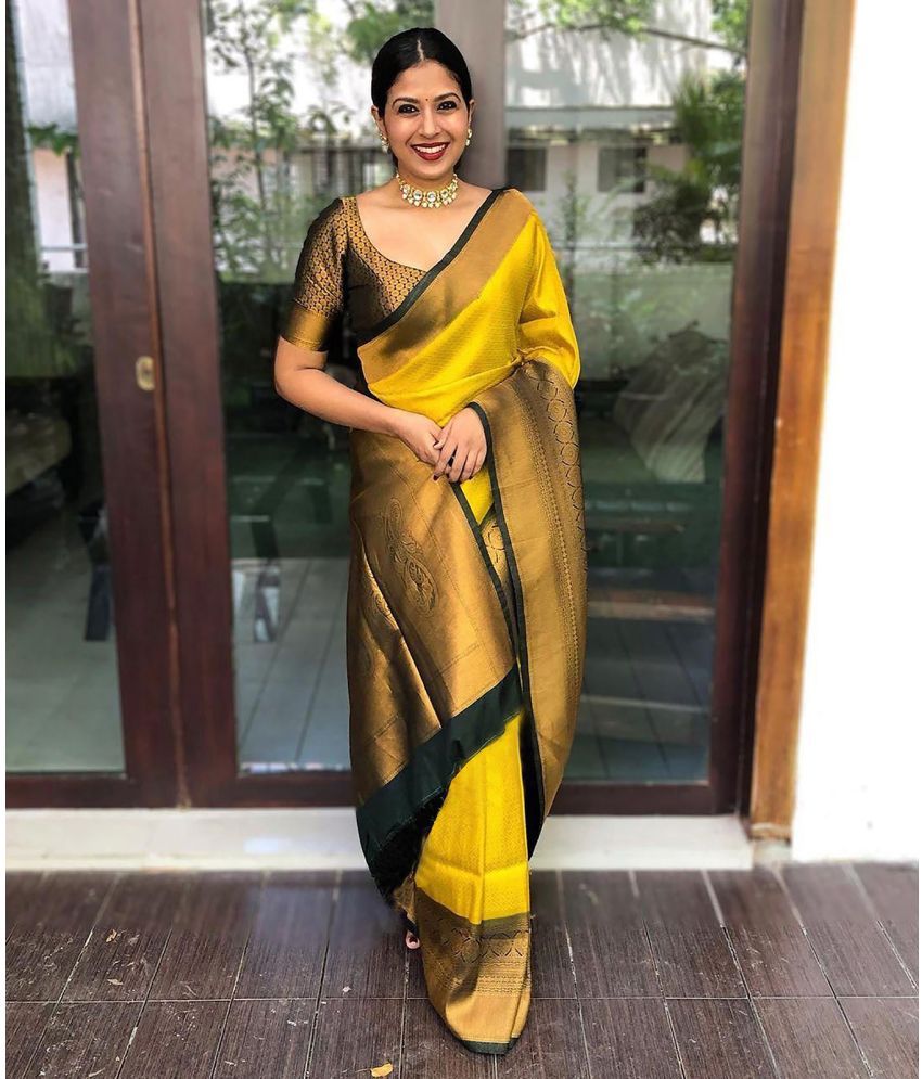     			Anjaneya Sarees Banarasi Silk Woven Saree With Blouse Piece - Yellow ( Pack of 1 )