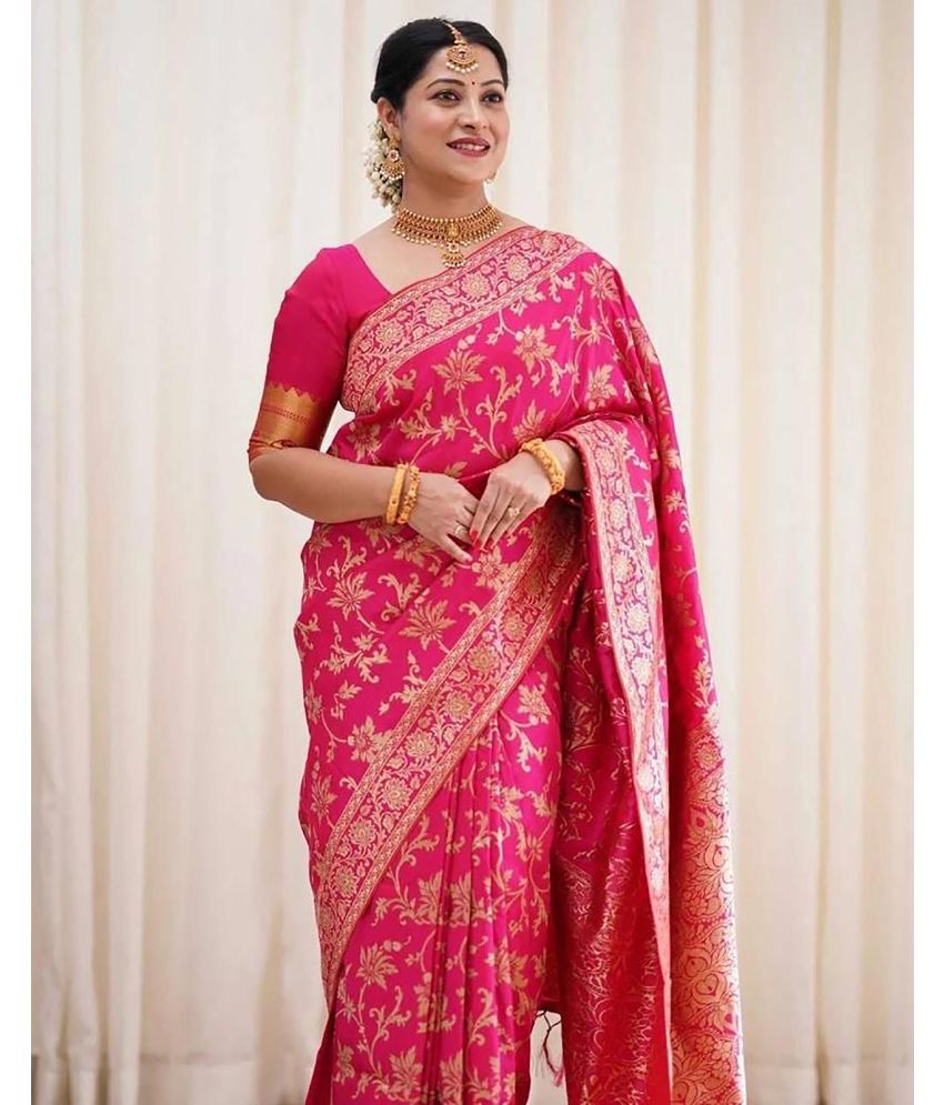    			Anjaneya Sarees Banarasi Silk Woven Saree With Blouse Piece - Pink ( Pack of 1 )